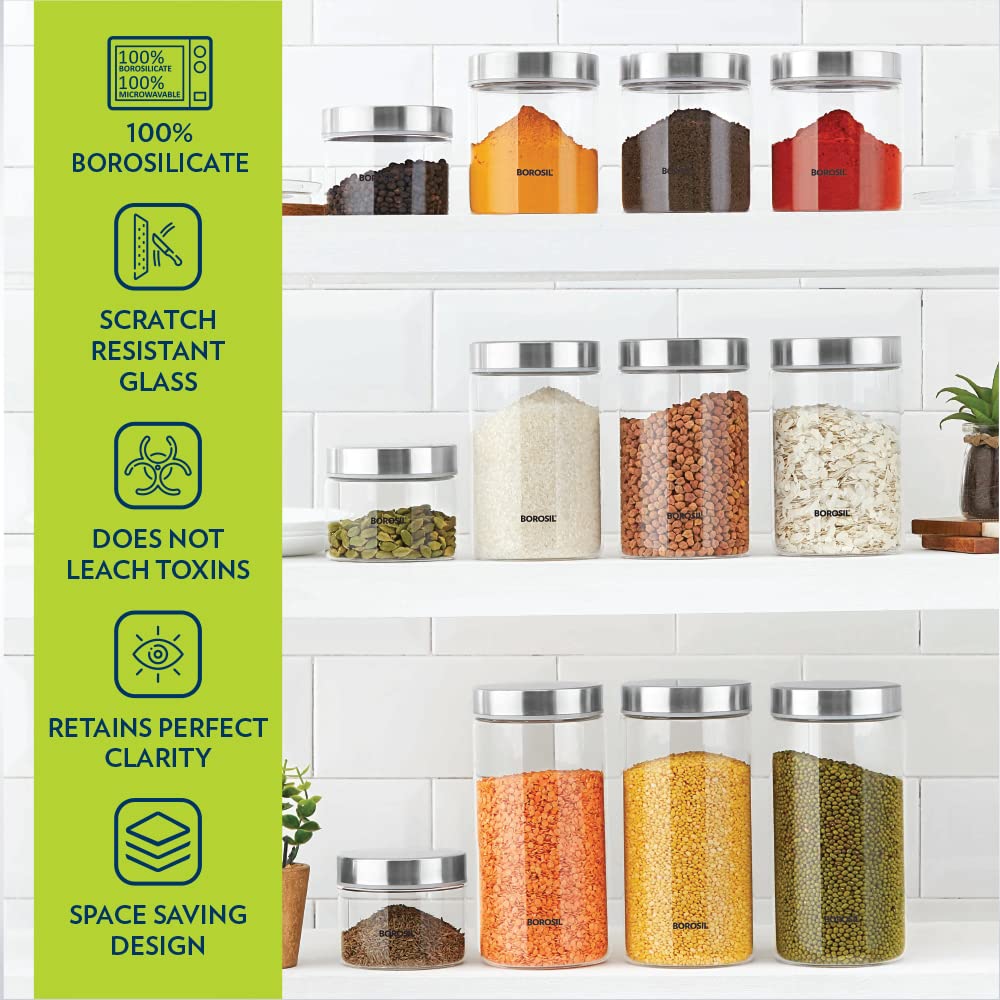 Borosil Endura Storage Glass Jar with SS Lid | Air-Tight Storage Containers For Kitchen | Transparent | 1 Pc