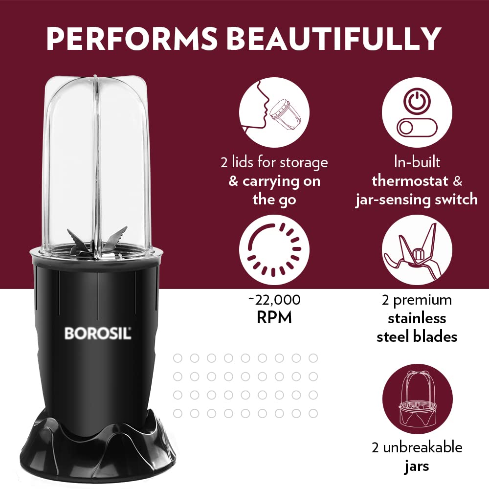 Borosil NutriFresh PB31 400 Watts Portable Mini-Blender Grinder & Smoothie Maker | Black