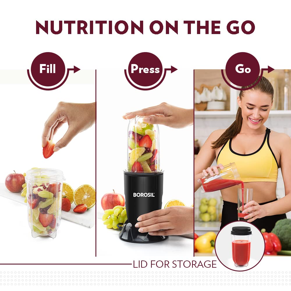 Borosil NutriFresh PB31 400 Watts Portable Mini-Blender Grinder & Smoothie Maker | Black