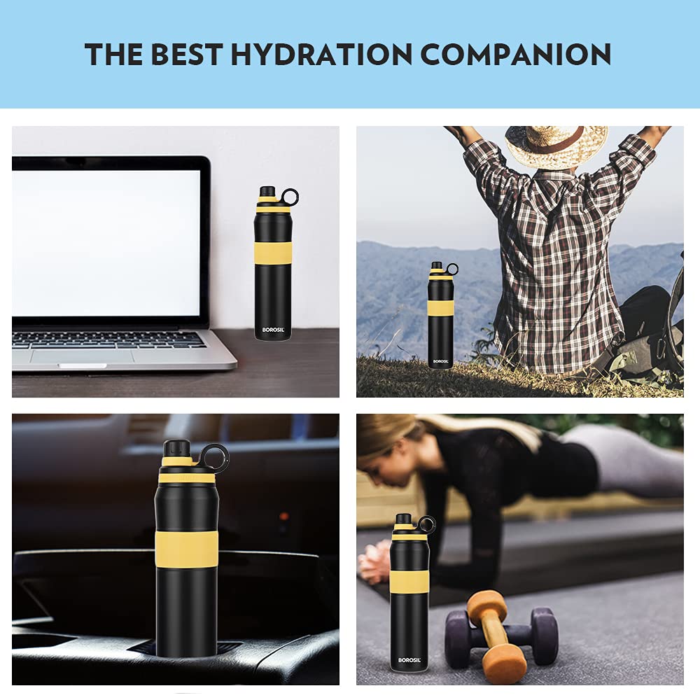 Borosil Stainless Steel Hydra Thirst Burst Sunflower 800 ML Vacuum Insulated Flask Bottle | Black & Yellow | 1 Pc