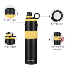 Borosil Stainless Steel Hydra Thirst Burst Sunflower 800 ML Vacuum Insulated Flask Bottle | Black & Yellow | 1 Pc