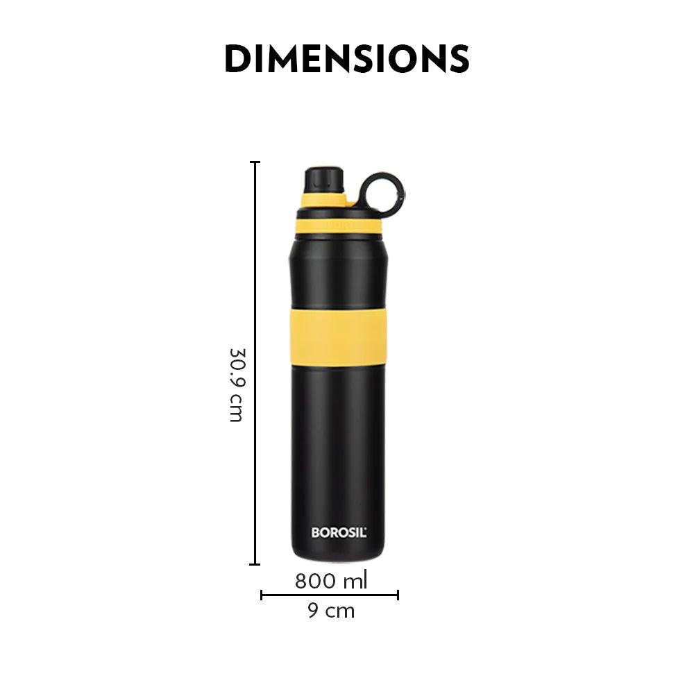 Borosil Stainless Steel Hydra Thirst Burst Sunflower 800 ML Vacuum Insulated Flask Bottle | Black & Yellow | 1 Pc