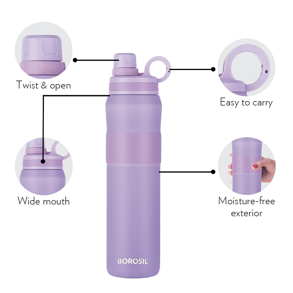 Borosil Stainless Steel Hydra Thirst Burst Lavender 800 ML Vacuum Insulated Flask Bottle | Lavender | 1 Pc
