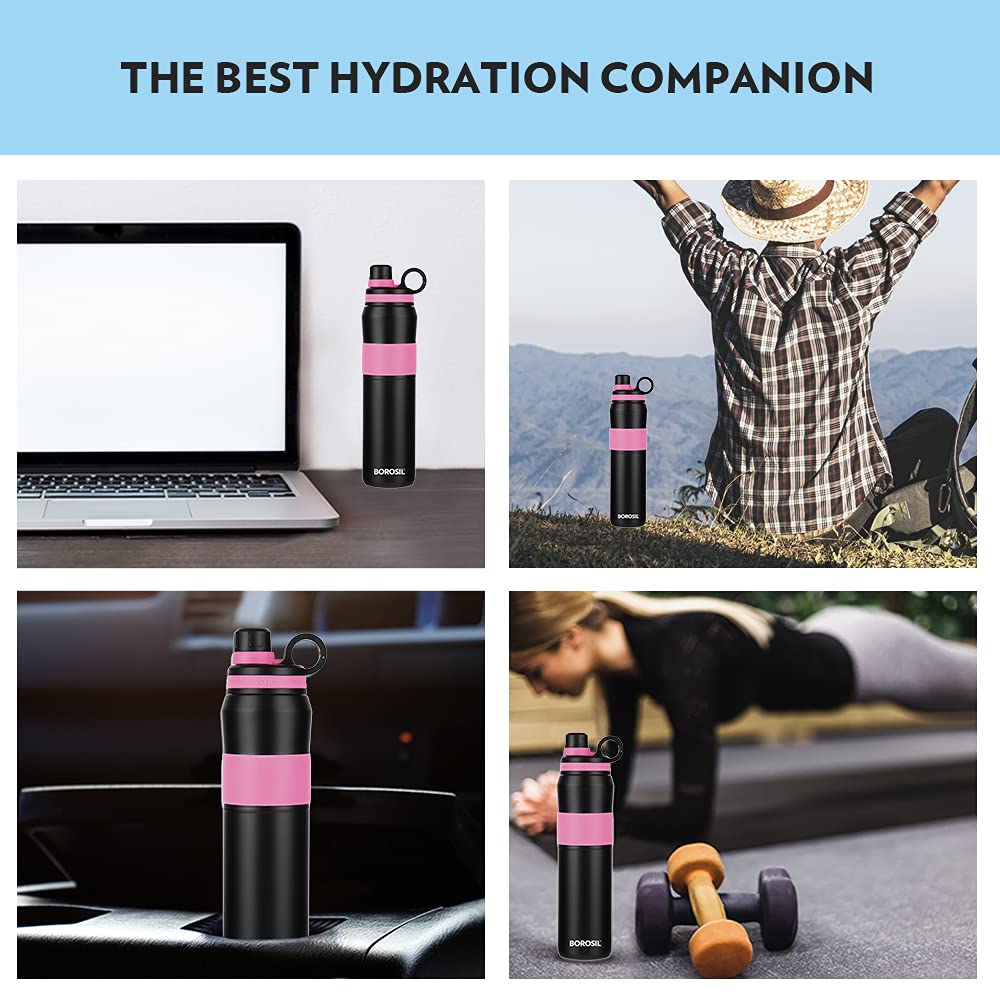 Borosil Stainless Steel Hydra Thirst Burst Fuchsia 800 ML Vacuum Insulated Flask Bottle | Black & Pink | 1 Pc