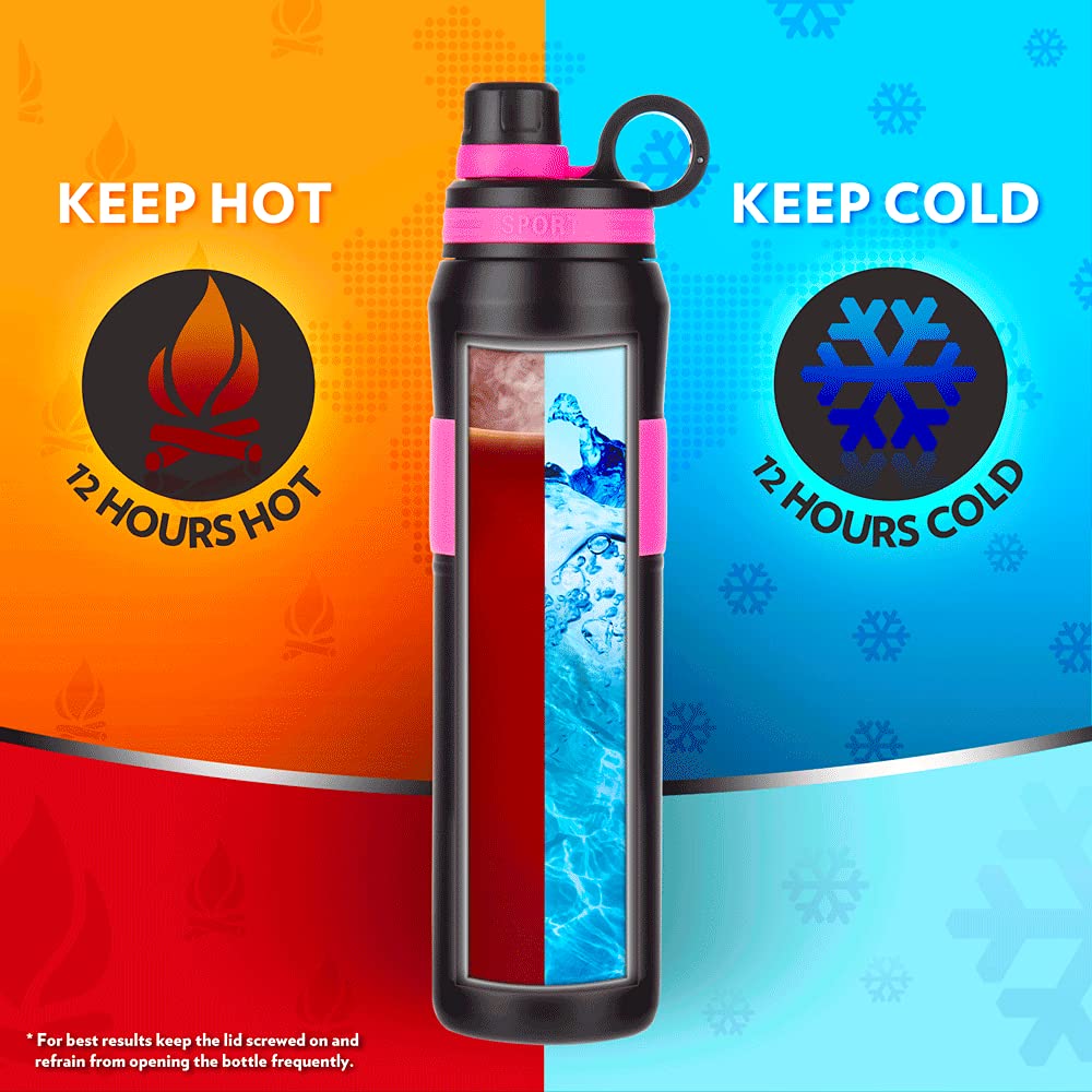 Borosil Stainless Steel Hydra Thirst Burst Fuchsia 800 ML Vacuum Insulated Flask Bottle | Black & Pink | 1 Pc