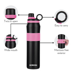 Borosil Stainless Steel Hydra Thirst Burst Fuchsia 800 ML Vacuum Insulated Flask Bottle | Black & Pink | 1 Pc