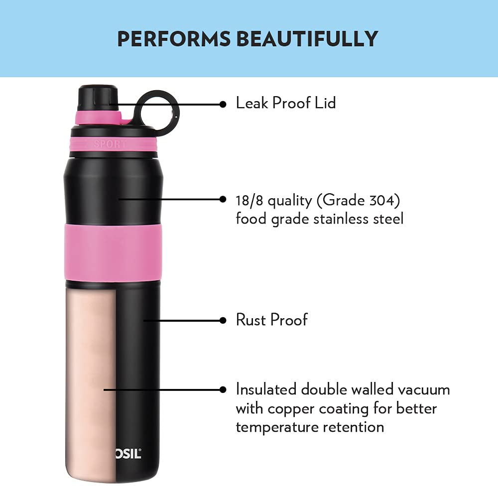 Borosil Stainless Steel Hydra Thirst Burst Fuchsia 800 ML Vacuum Insulated Flask Bottle | Black & Pink | 1 Pc
