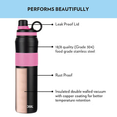 Borosil Stainless Steel Hydra Thirst Burst Fuchsia 800 ML Vacuum Insulated Flask Bottle | Black & Pink | 1 Pc