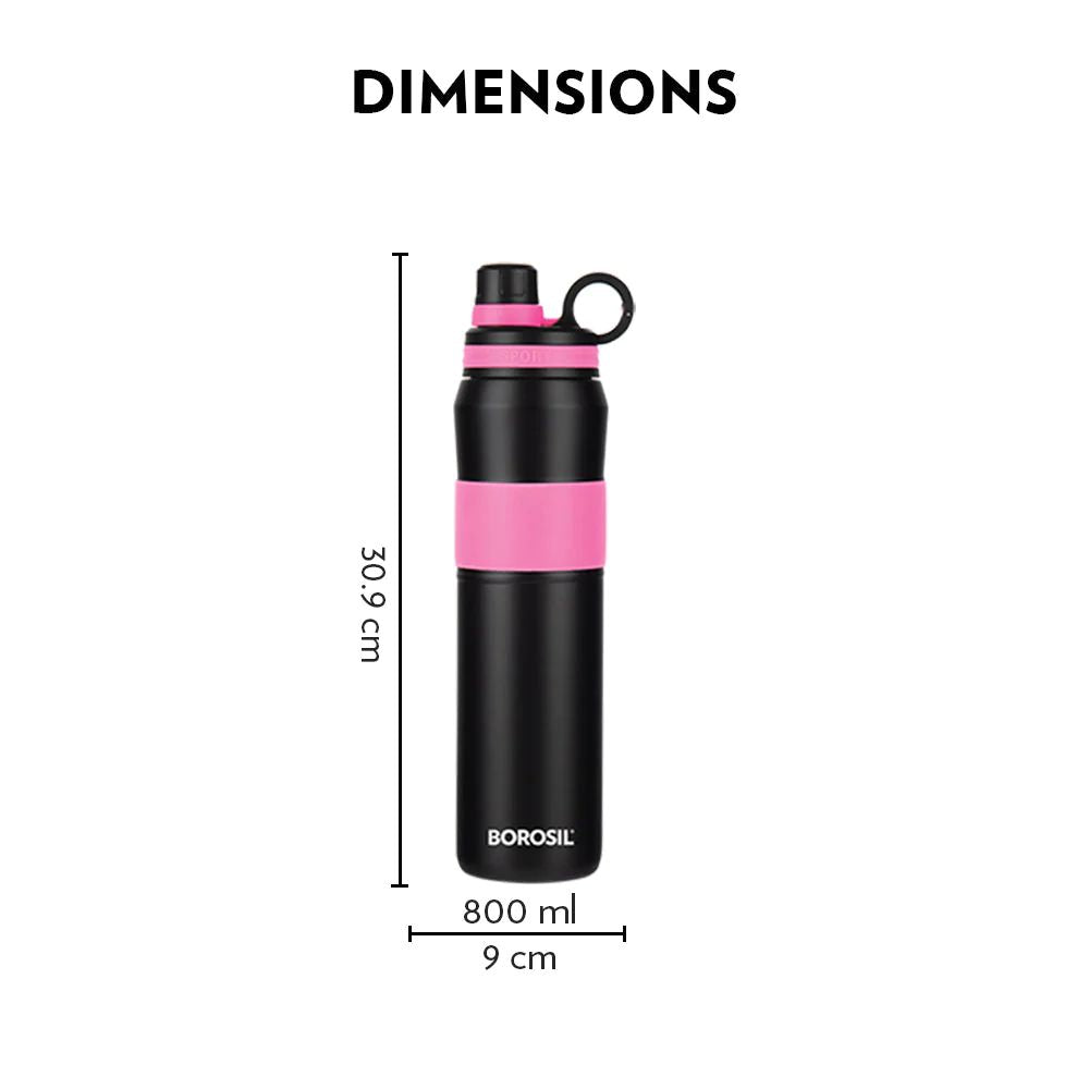 Borosil Stainless Steel Hydra Thirst Burst Fuchsia 800 ML Vacuum Insulated Flask Bottle | Black & Pink | 1 Pc