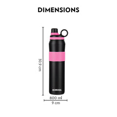 Borosil Stainless Steel Hydra Thirst Burst Fuchsia 800 ML Vacuum Insulated Flask Bottle | Black & Pink | 1 Pc