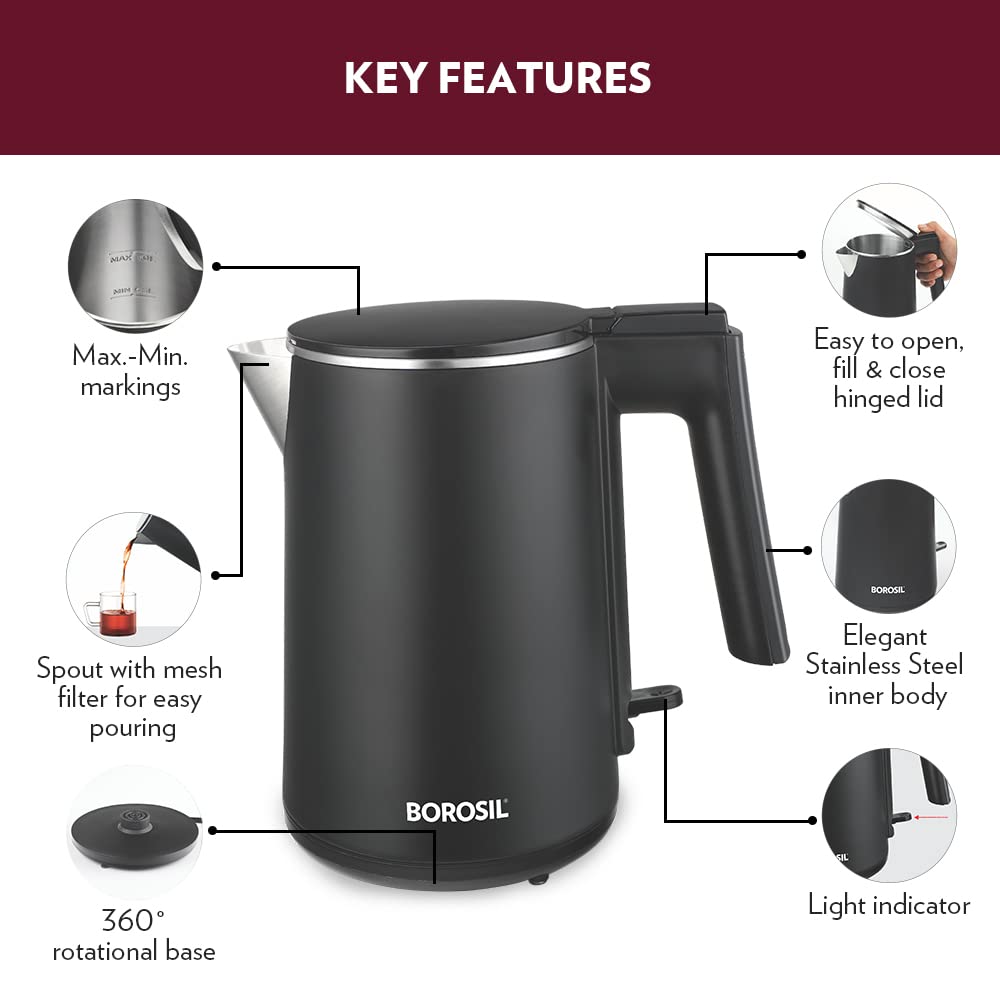 Borosil Cooltouch 1 Litre 1200 Watts Electric Kettle | Black