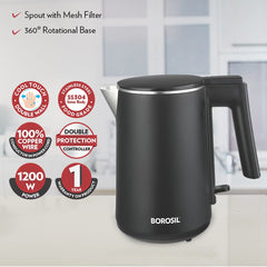 Borosil Cooltouch 1 Litre 1200 Watts Electric Kettle | Black