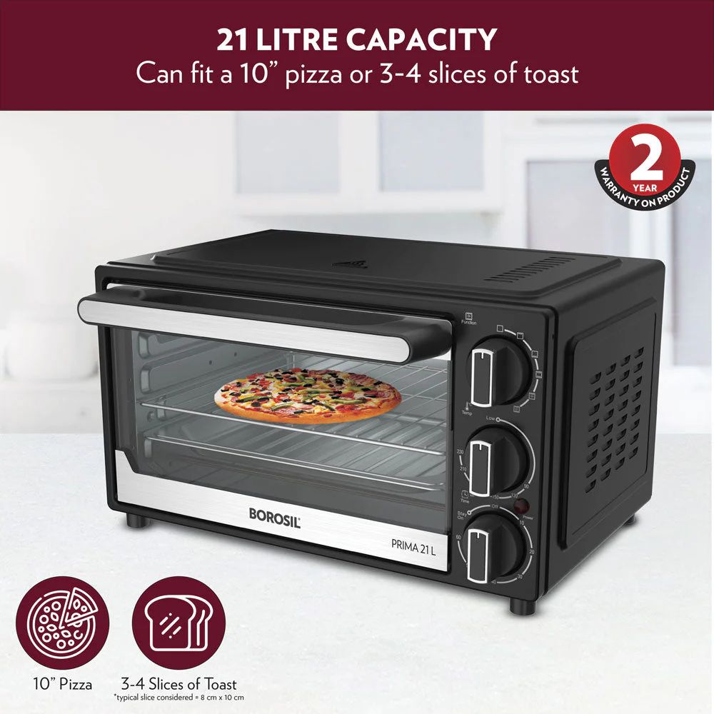 Borosil Prima 21 Litres Oven Toaster Griller | Convection Heating | 5 Heating Option | Black