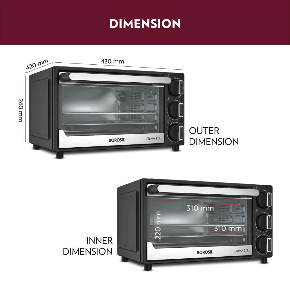 Borosil Prima 21 Litres Oven Toaster Griller | Convection Heating | 5 Heating Option | Black