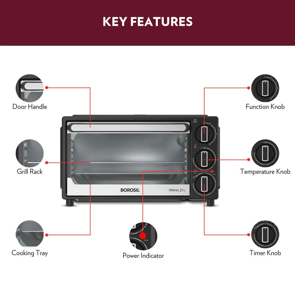 Borosil Prima 21 Litres Oven Toaster Griller | Convection Heating | 5 Heating Option | Black