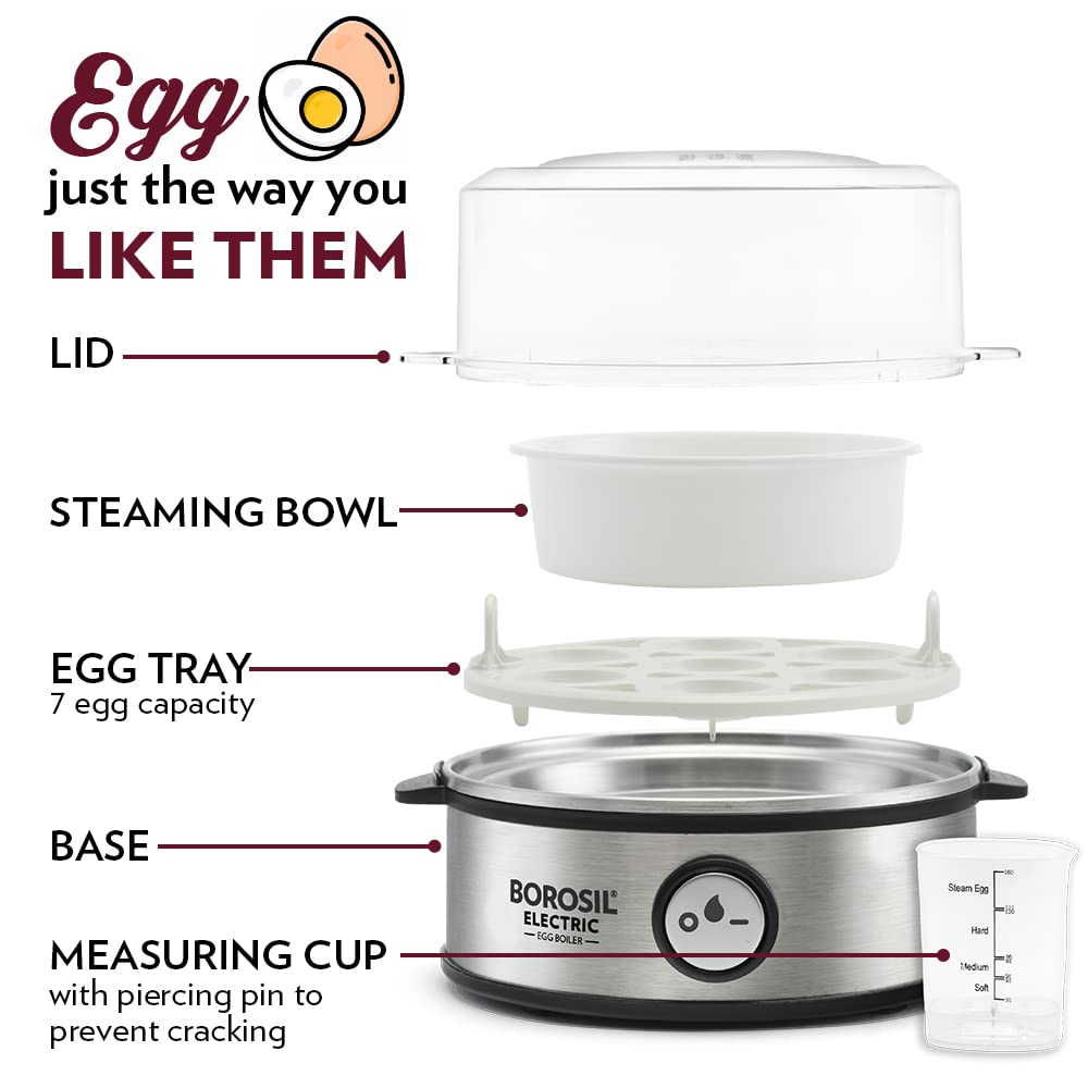 Borosil Electric 360 Watts Egg Boiler with Transparent Lid | 7 Egg Capacity