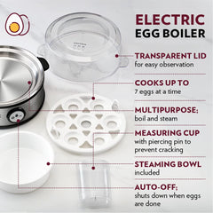 Borosil Electric 360 Watts Egg Boiler with Transparent Lid | 7 Egg Capacity