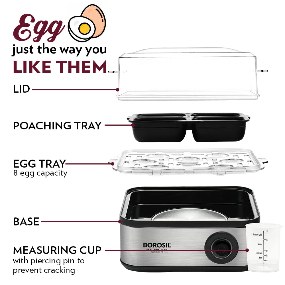 Borosil Electric Plus 500 Watts Egg Boiler with Transparent Lid | 8 Egg Capacity