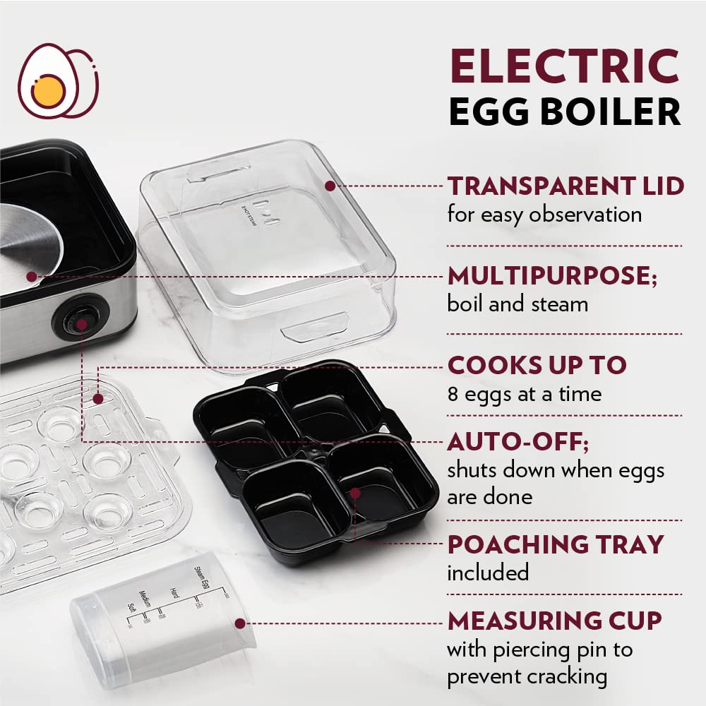 Borosil Electric Plus 500 Watts Egg Boiler with Transparent Lid | 8 Egg Capacity