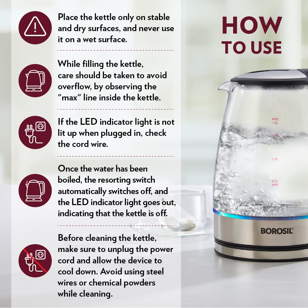 Borosil Electric 1.8 Litre 1500 Watts Glass Kettle | Transparent