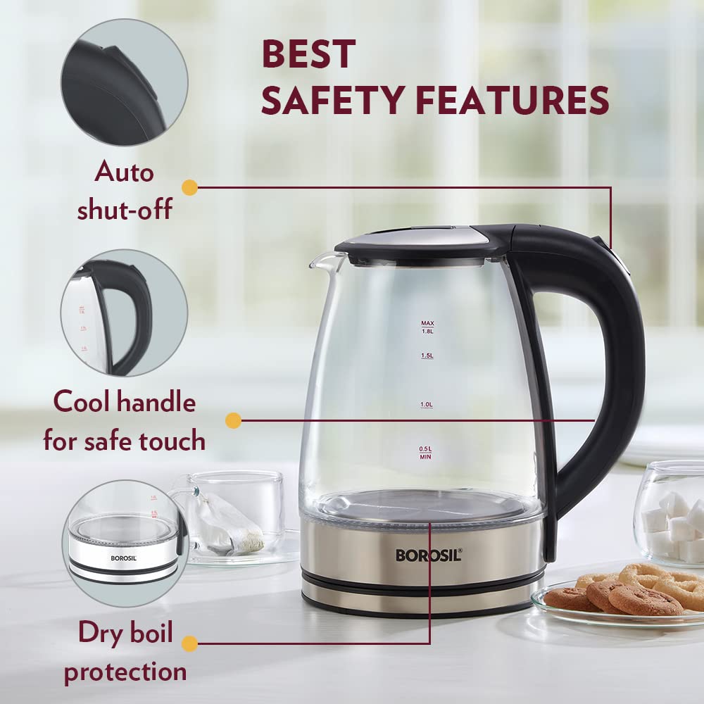 Borosil Electric 1.8 Litre 1500 Watts Glass Kettle | Transparent