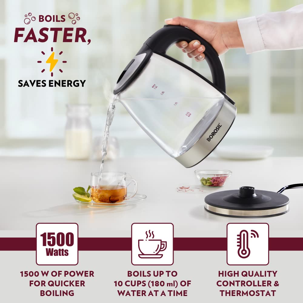 Borosil Electric 1.8 Litre 1500 Watts Glass Kettle | Transparent