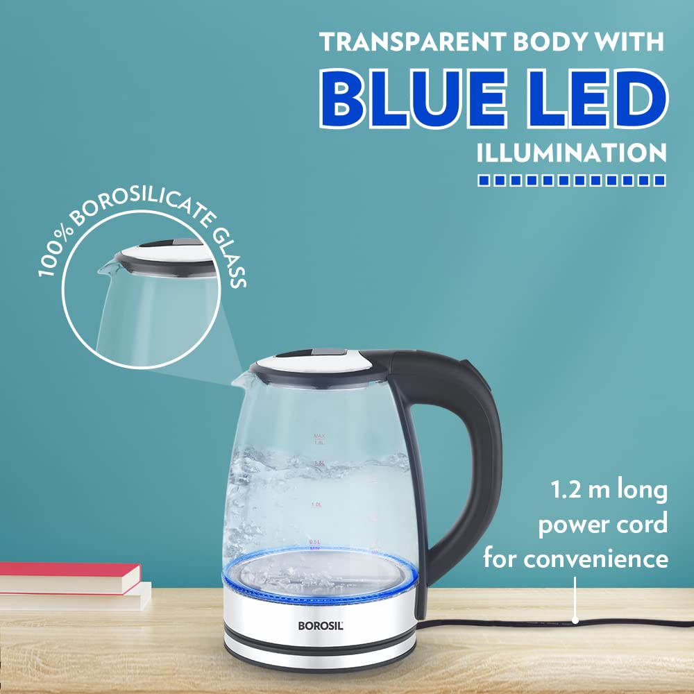 Borosil Electric 1.8 Litre 1500 Watts Glass Kettle | Transparent