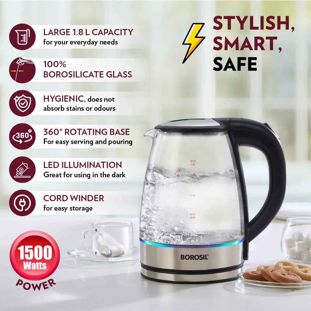 Borosil Electric 1.8 Litre 1500 Watts Glass Kettle | Transparent