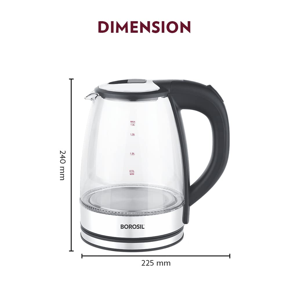 Borosil Electric 1.8 Litre 1500 Watts Glass Kettle | Transparent