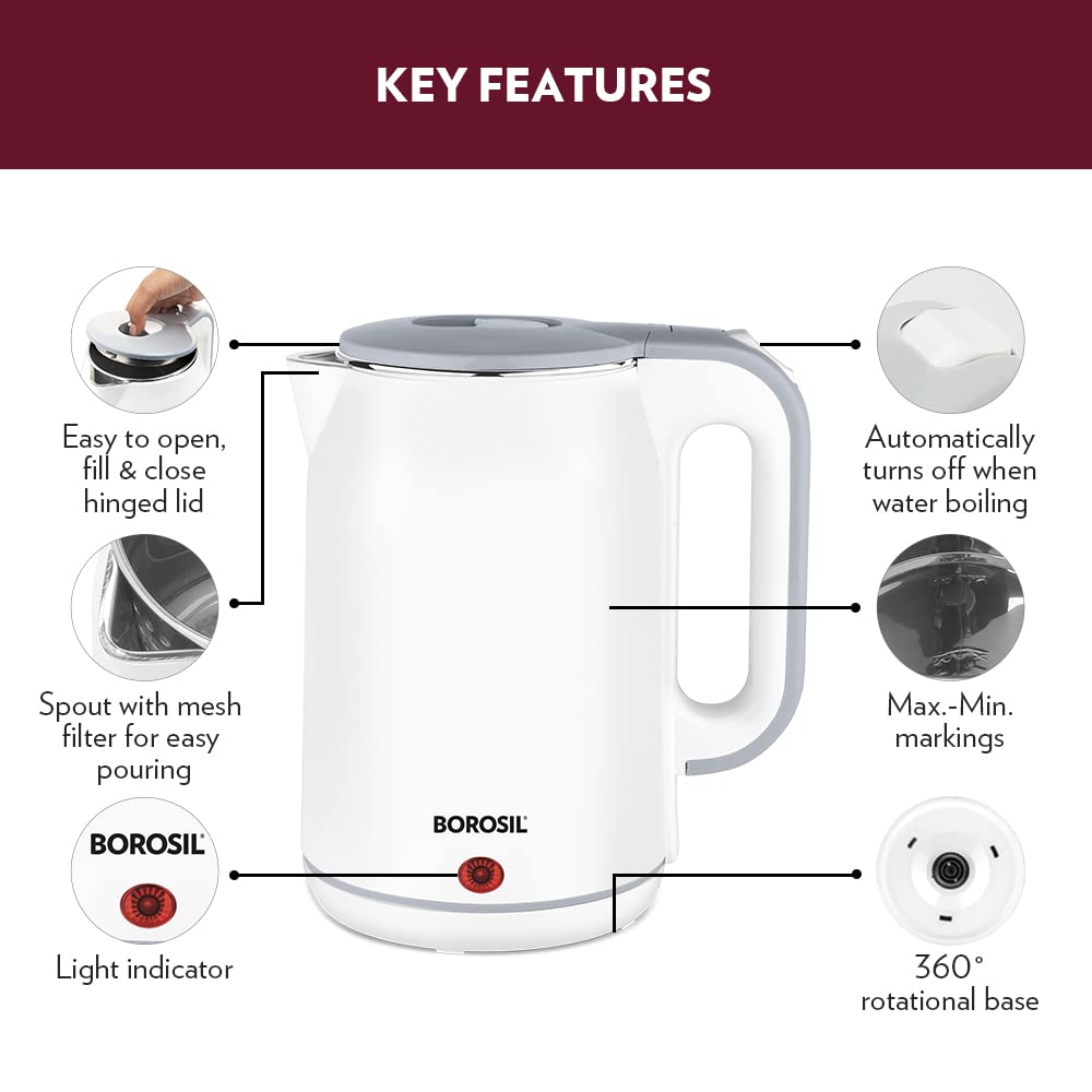 Borosil Cooltouch 1.8 Litre 1800 Watts Electric Kettle | White