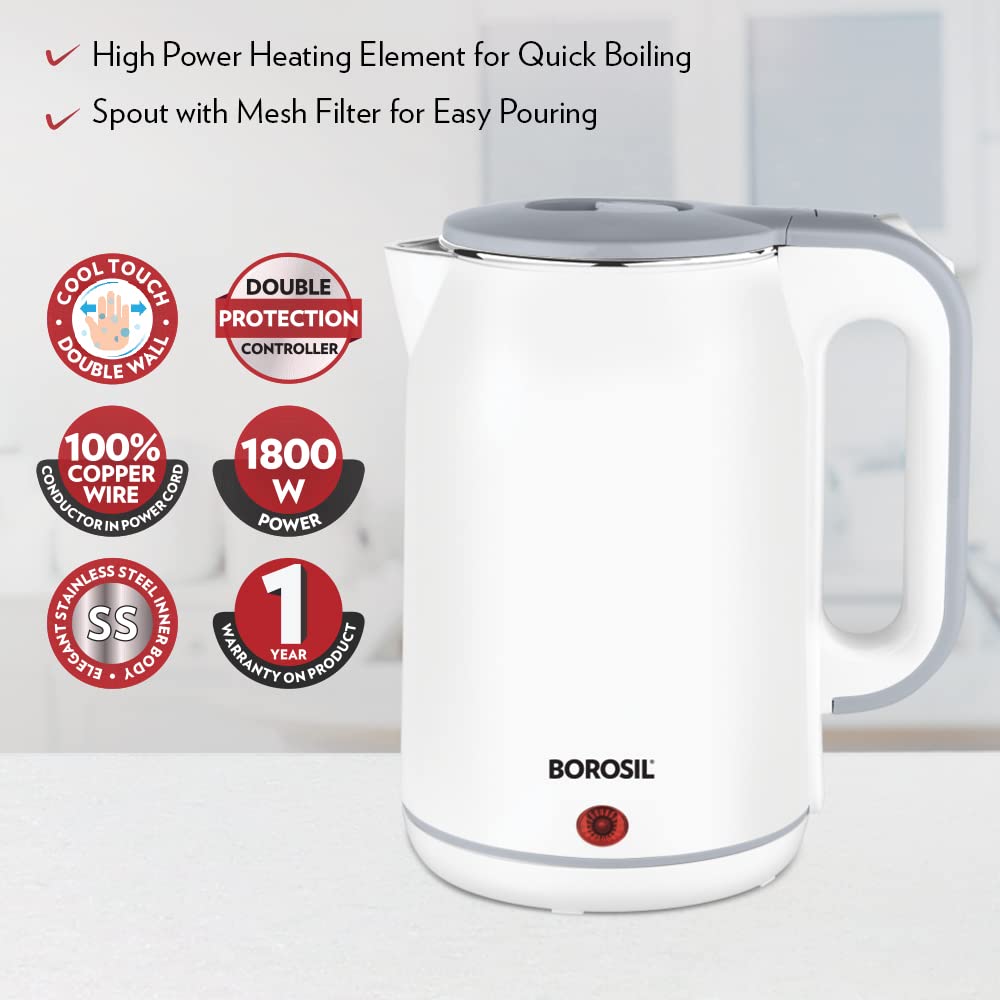 Borosil Cooltouch 1.8 Litre 1800 Watts Electric Kettle | White