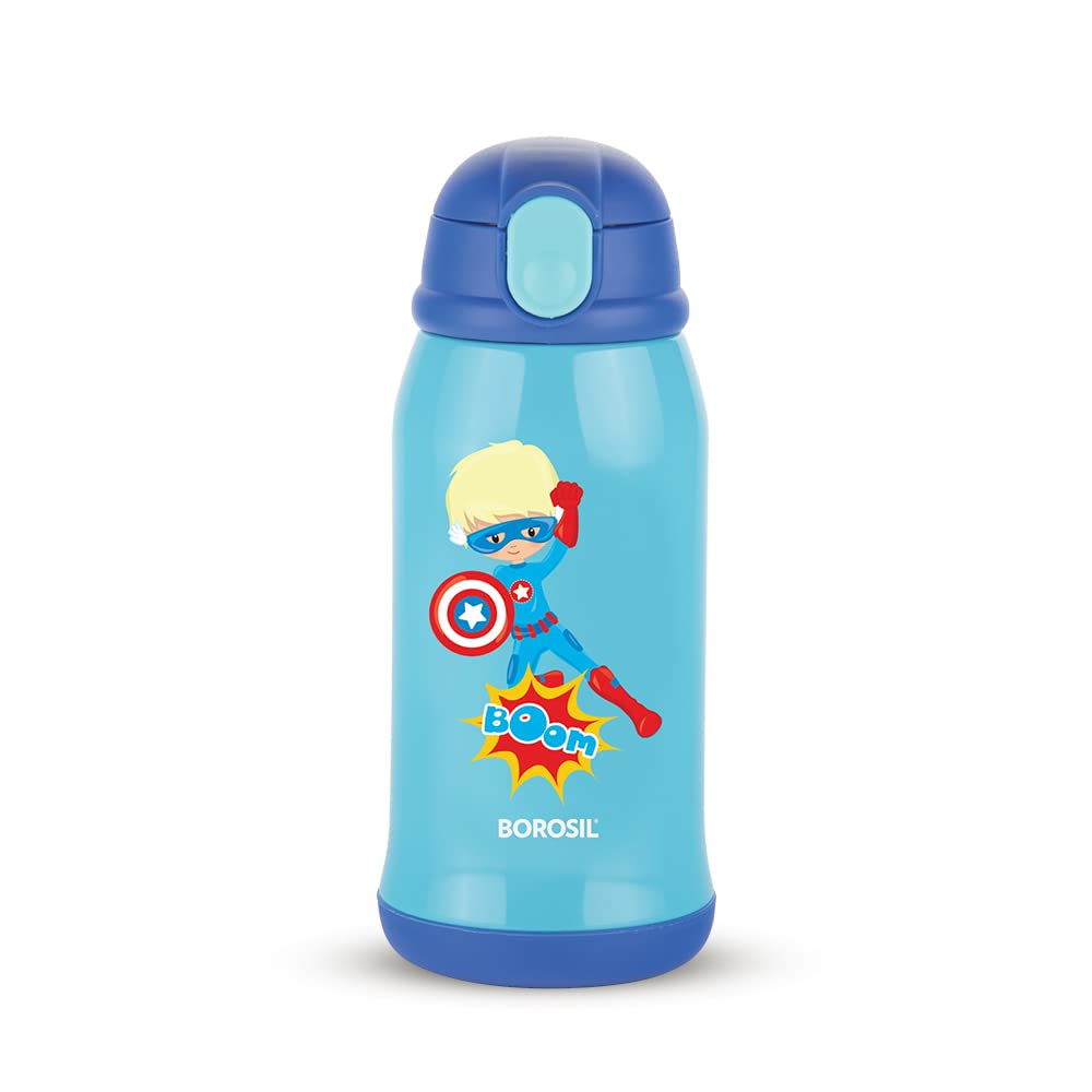 Borosil Hydra Superhero 500 ML Vacuum Insulated Water Bottle for Kids | Blue | 1 Pc