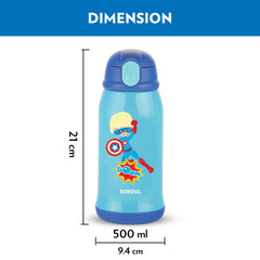 Borosil Hydra Superhero 500 ML Vacuum Insulated Water Bottle for Kids | Blue | 1 Pc
