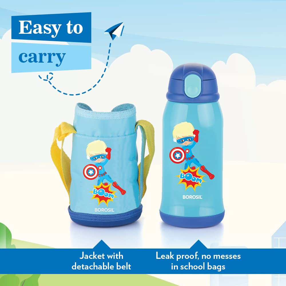 Borosil Hydra Superhero 500 ML Vacuum Insulated Water Bottle for Kids | Blue | 1 Pc