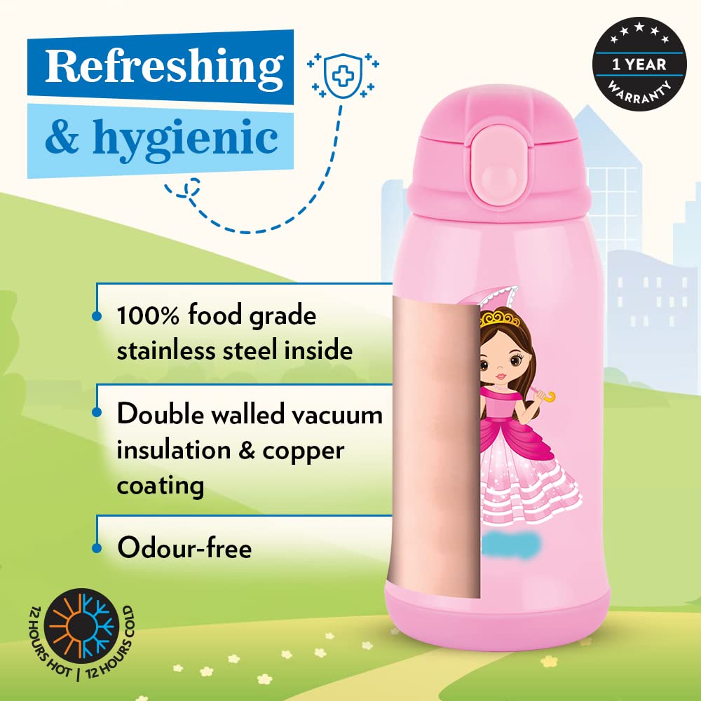 Borosil Hydra Princess 500 ML Vacuum Insulated Water Bottle for Kids | Pink | 1 Pc