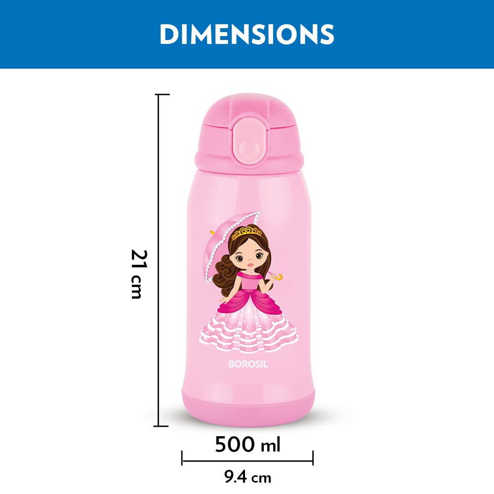 Borosil Hydra Princess 500 ML Vacuum Insulated Water Bottle for Kids | Pink | 1 Pc