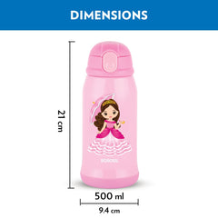 Borosil Hydra Princess 500 ML Vacuum Insulated Water Bottle for Kids | Pink | 1 Pc