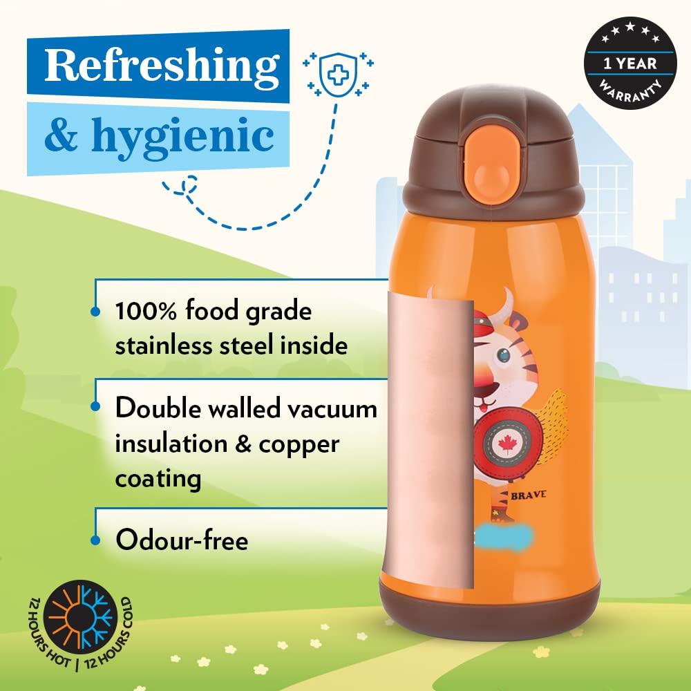 Borosil Hydra Tigry 500 ML Vacuum Insulated Water Bottle for Kids | Orange | 1 Pc