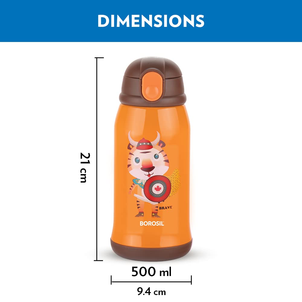 Borosil Hydra Tigry 500 ML Vacuum Insulated Water Bottle for Kids | Orange | 1 Pc