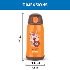 Borosil Hydra Tigry 500 ML Vacuum Insulated Water Bottle for Kids | Orange | 1 Pc