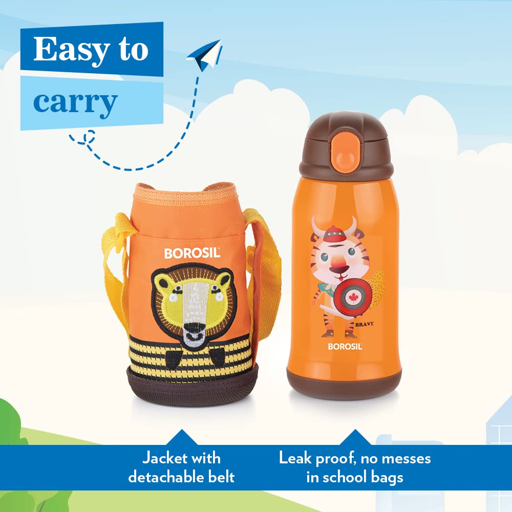 Borosil Hydra Tigry 500 ML Vacuum Insulated Water Bottle for Kids | Orange | 1 Pc
