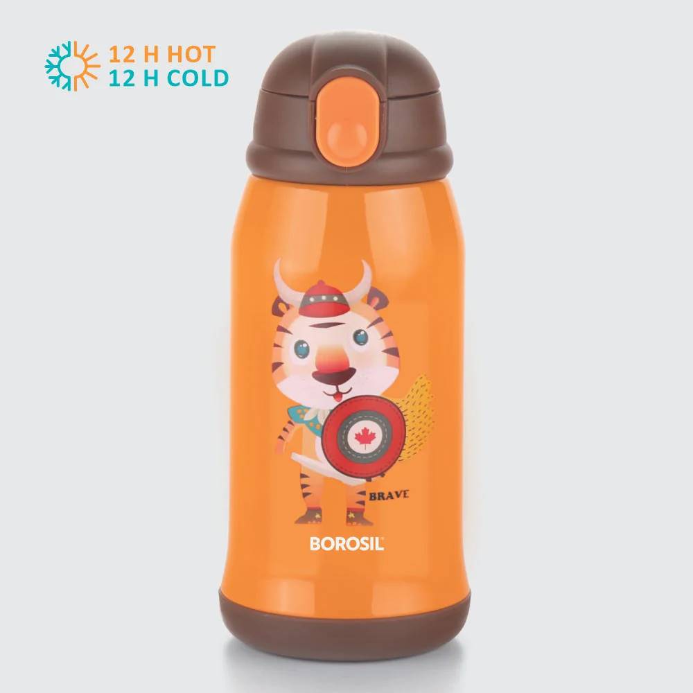 Borosil Hydra Tigry 500 ML Vacuum Insulated Water Bottle for Kids | Orange | 1 Pc