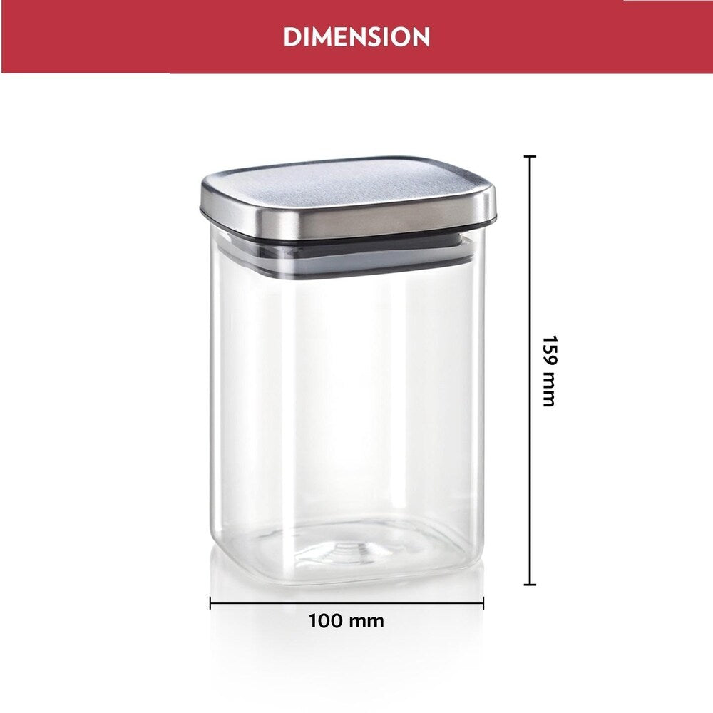 Borosil Classic Square 1000 ML Air-Tight Storage Glass Jar | Transparent | Set of 2 Pcs