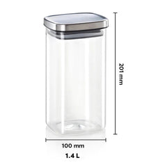 Borosil Classic Square 1400 ML Air-Tight Storage Glass Jar | Transparent | Set of 2 Pcs
