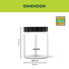 Borosil Endura Airtight Glass Storage Jar with PP Black Lid | Transparent | 1 Pc