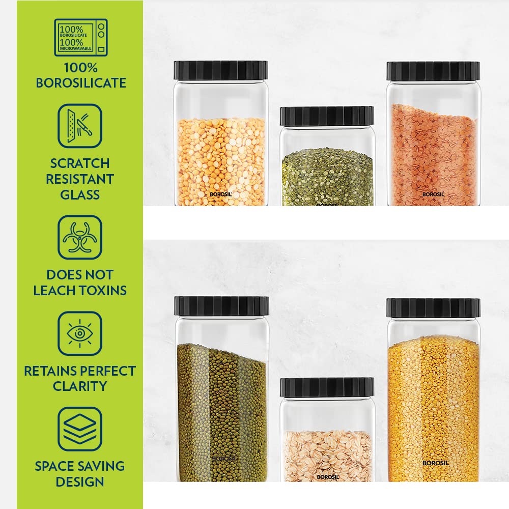 Borosil Endura Airtight Glass Storage Jar with PP Black Lid | Transparent | 1 Pc