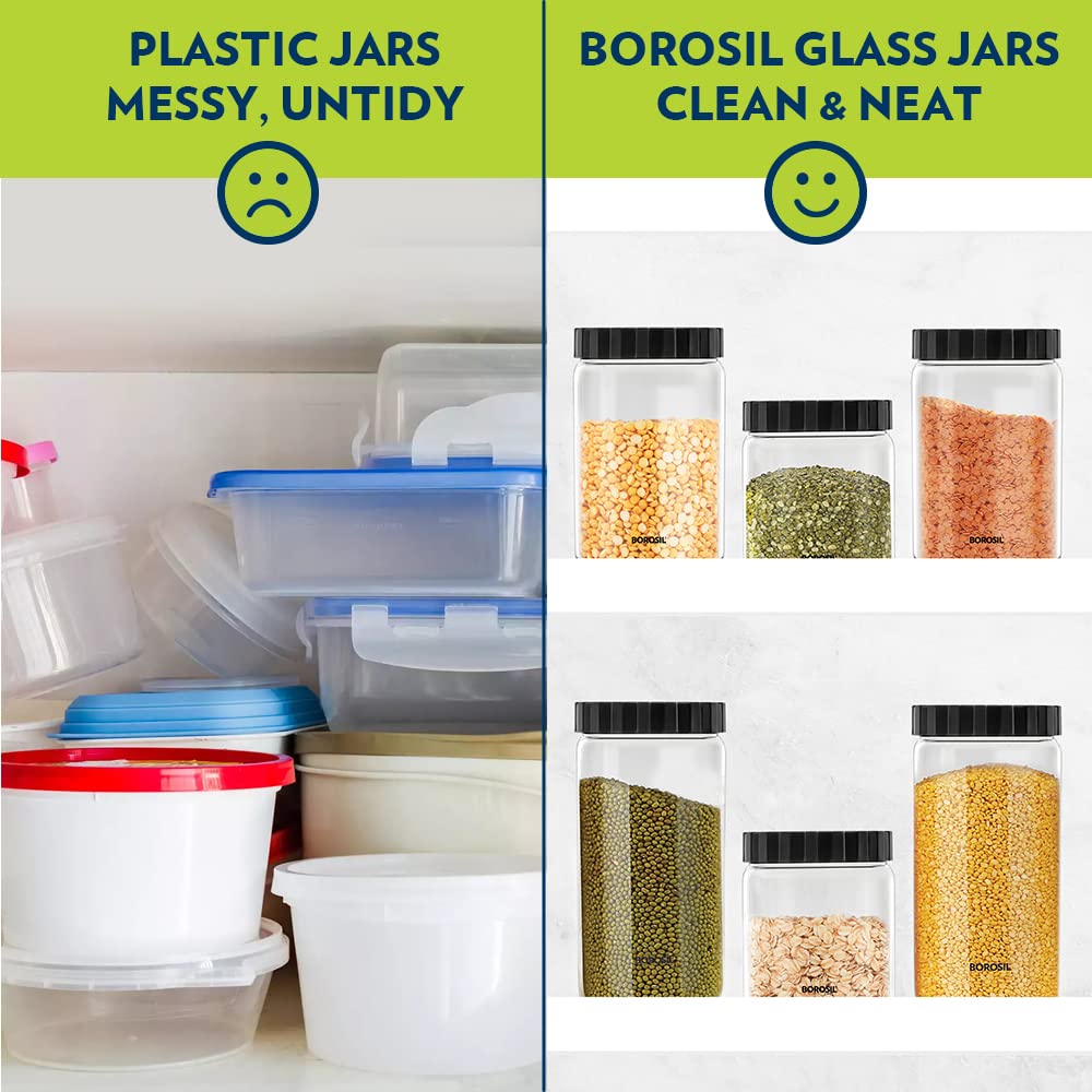 Borosil Endura Airtight Glass Storage Jar with PP Black Lid | Transparent | 1 Pc
