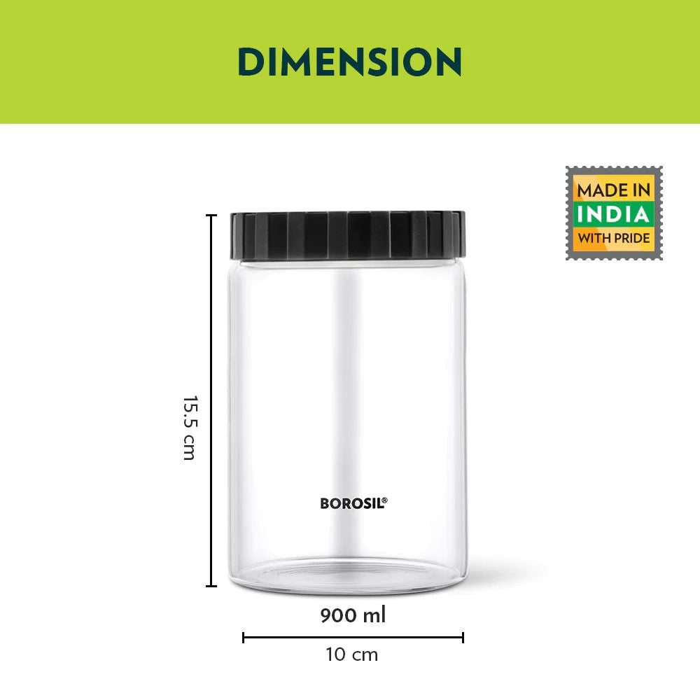 Borosil Endura Airtight Glass Storage Jar with PP Black Lid | Transparent | 1 Pc