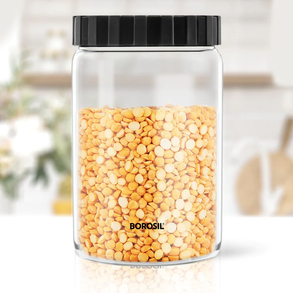 Borosil Endura Airtight Glass Storage Jar with PP Black Lid | Transparent | 1 Pc