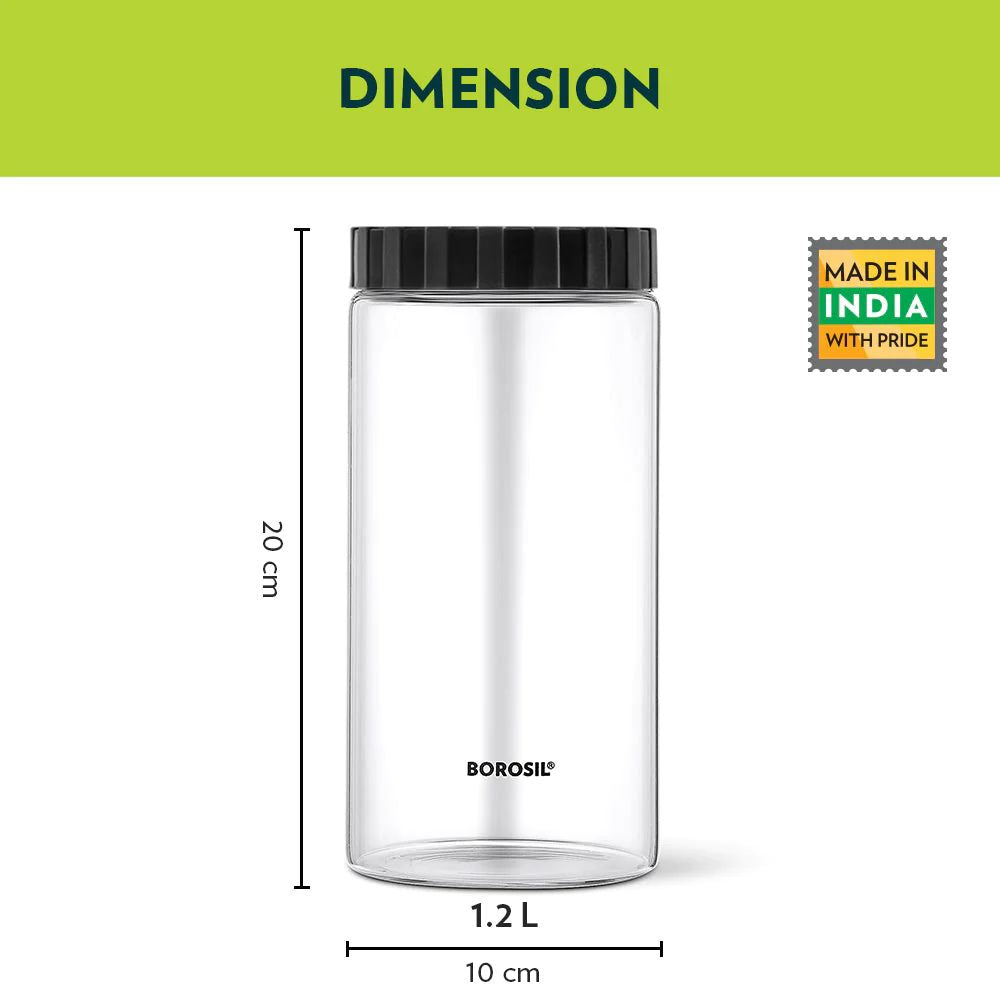 Borosil Endura Airtight Glass Storage Jar with PP Black Lid | Transparent | 1 Pc